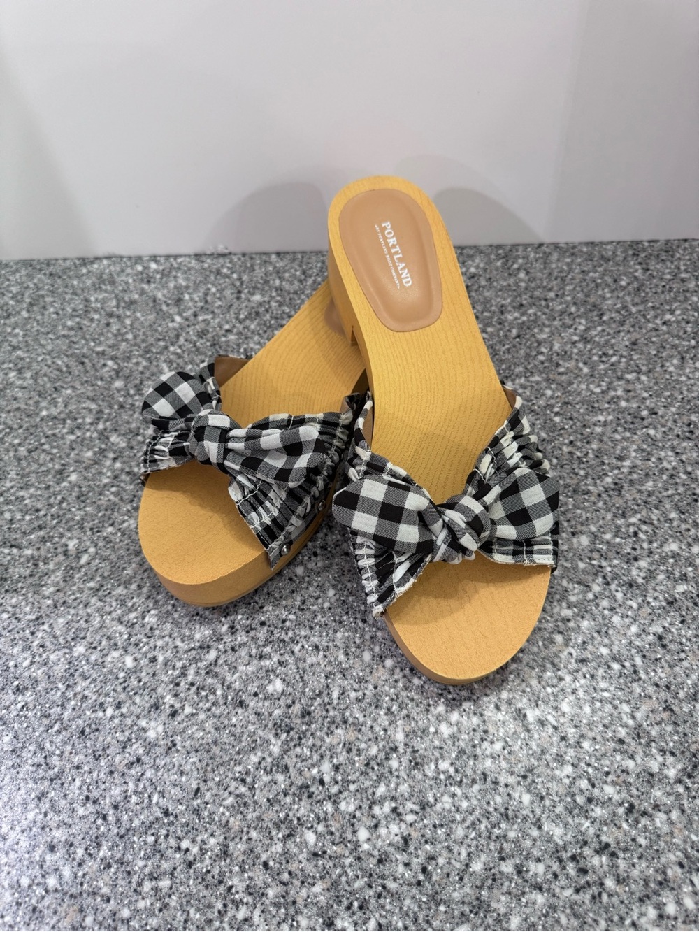 Portland Callie Gingham Bow Wooden Heel Slide Sandals Size 11 Black White